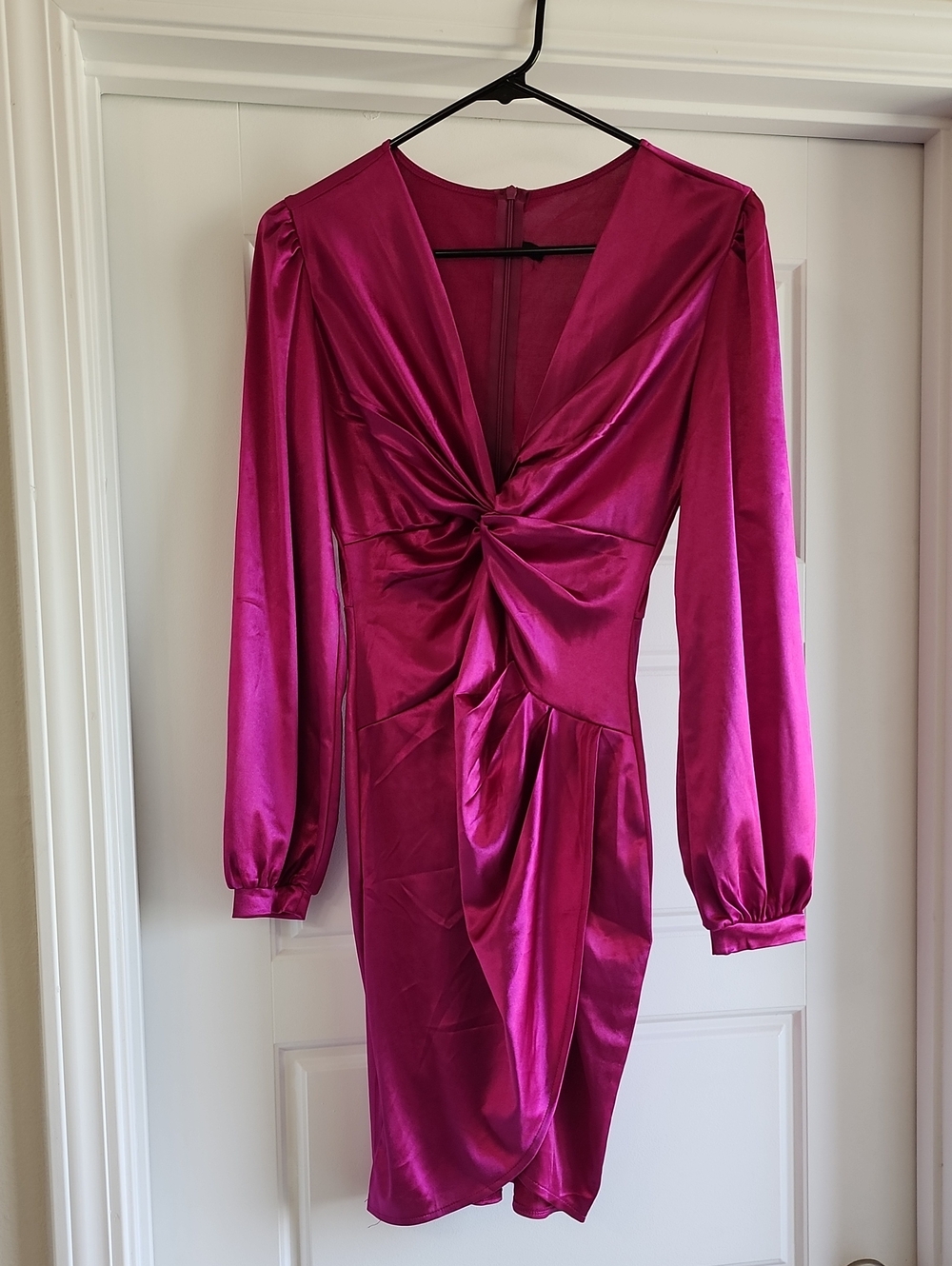 Fuchsia Twist Front Long Sleeve Satin Dress